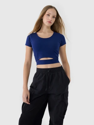4F T-shirt crop top gładki damski - granatowy M