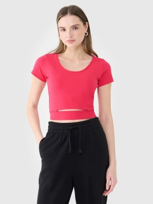 4F T-shirt crop top gładki damski - różowy XS