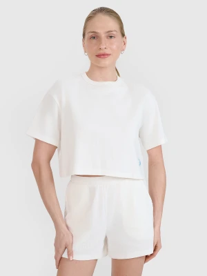 4F T-shirt crop top z waflowej dzianiny damski - biały XL
