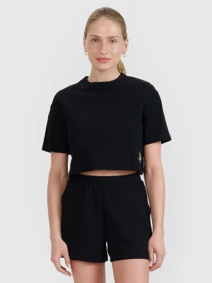 4F T-shirt crop top z waflowej dzianiny damski - czarny XL