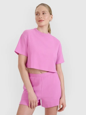 4F T-shirt crop top z waflowej dzianiny damski - różowy L