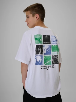 4F T-shirt loose z nadrukiem chłopięcy - biały 146 / 152 (10-12 lat)
