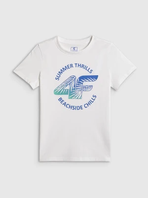 4F T-shirt loose z nadrukiem chłopięcy - biały 146 (10-11 lat)