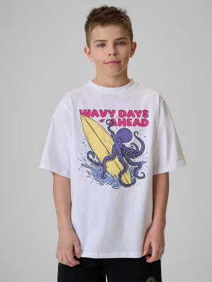4F T-shirt loose z nadrukiem chłopięcy - biały 158 / 164 (12-14 lat)