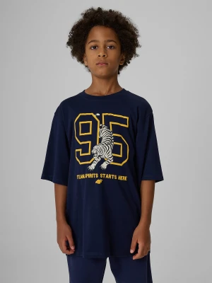4F T-shirt loose z nadrukiem chłopięcy - granatowy 122/128 (6-8 lat)