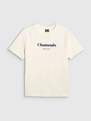 4F T-shirt loose z nadrukiem damski - beżowy S