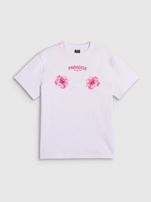 4F T-shirt loose z nadrukiem damski - biały L
