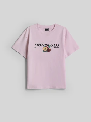 4F T-shirt loose z nadrukiem damski - różowy XS