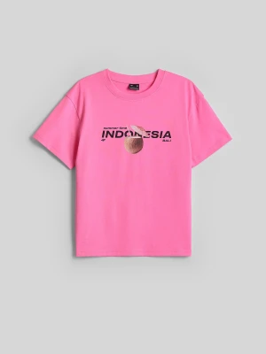 4F T-shirt loose z nadrukiem damski - różowy M