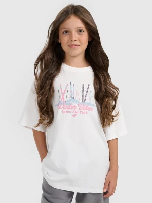 4F T-shirt loose z nadrukiem dziewczęcy - biały 122/128 (6-8 lat)