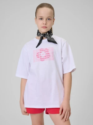 4F T-shirt loose z nadrukiem dziewczęcy - biały 146 (10-11 lat)