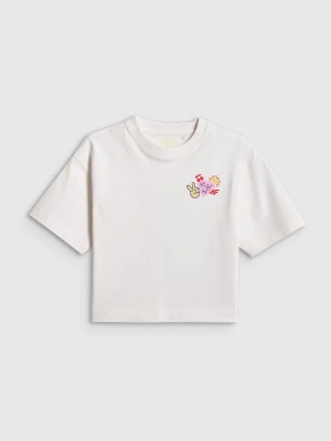 4F T-shirt loose z nadrukiem dziewczęcy - biały 122/128 (6-8 lat)