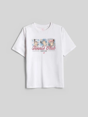 4F T-shirt loose z nadrukiem dziewczęcy - biały 146/152 (10-12 lat)