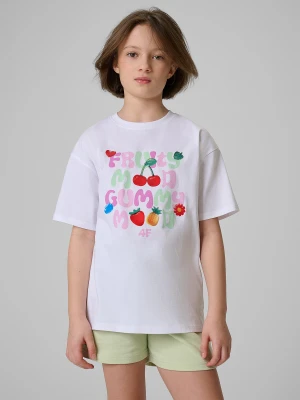 4F T-shirt loose z nadrukiem dziewczęcy - biały 146/152 (10-12 lat)