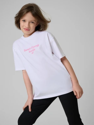 4F T-shirt loose z nadrukiem dziewczęcy - biały 134/140 (8-10 lat)