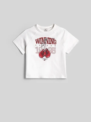 4F T-shirt loose z nadrukiem dziewczęcy - biały 158 / 164 (12-14 lat)