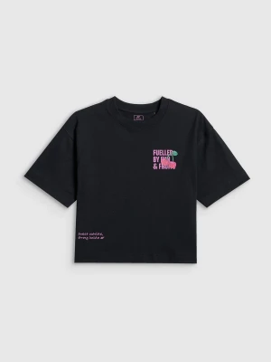 4F T-shirt loose z nadrukiem dziewczęcy - czarny 146/152 (10-12 lat)