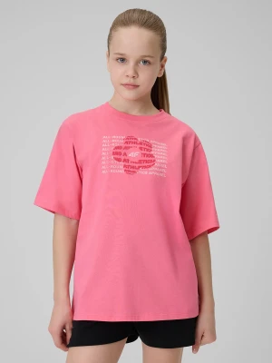 4F T-shirt loose z nadrukiem dziewczęcy - różowy 134 (8-9 lat)