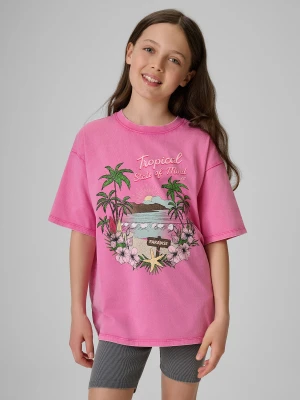 4F T-shirt loose z nadrukiem dziewczęcy - różowy 158/164 (12-14 lat)