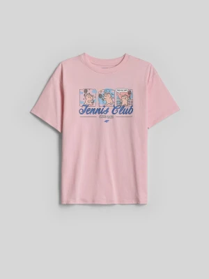 4F T-shirt loose z nadrukiem dziewczęcy - różowy 122 / 128 (6-8 lat)