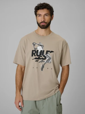 4F T-shirt loose z nadrukiem męski - beżowy XL