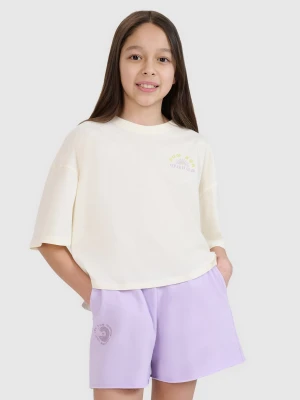 4F T-shirt oversize crop top z nadrukiem dziewczęcy - biały 158 (12-13 lat)