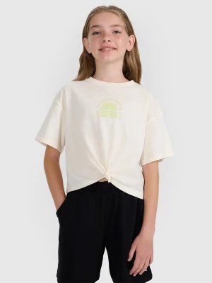 4F T-shirt oversize crop top z nadrukiem dziewczęcy - biały 134 (8-9 lat)