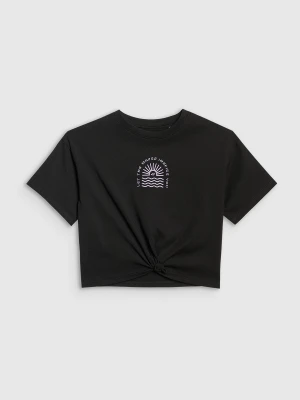 4F T-shirt oversize crop top z nadrukiem dziewczęcy - czarny 146 (10-11 lat)