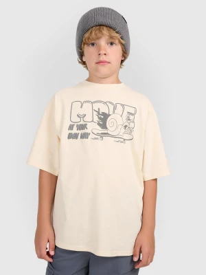 4F T-shirt oversize z nadrukiem chłopięcy - beżowy 134 (8-9 lat)