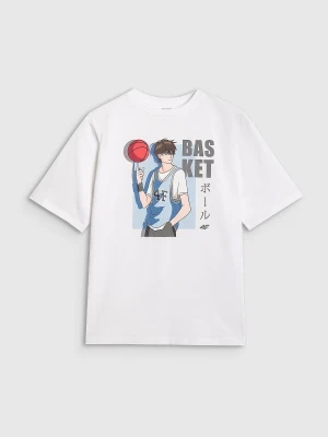 4F T-shirt oversize z nadrukiem chłopięcy - biały 128 (7-8 lat)