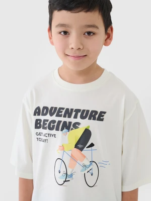 4F T-shirt oversize z nadrukiem chłopięcy - biały 152 (11-12 lat)