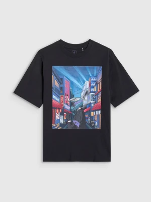 4F T-shirt oversize z nadrukiem chłopięcy - czarny 122 (6-7 lat)
