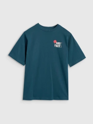 4F T-shirt oversize z nadrukiem chłopięcy - turkusowy 164 (13-14 lat)