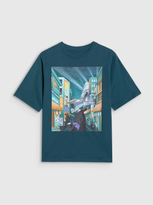 4F T-shirt oversize z nadrukiem chłopięcy - turkusowy 146 (10-11 lat)