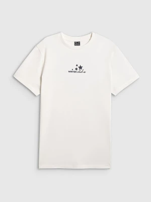 4F T-shirt oversize z nadrukiem damski - beżowy XS