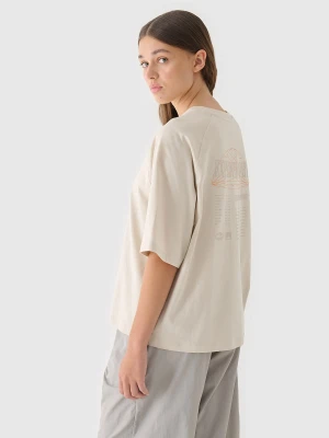 4F T-shirt oversize z nadrukiem damski - beżowy M