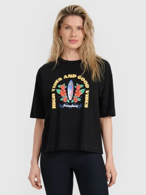 4F T-shirt oversize z nadrukiem damski - czarny XS