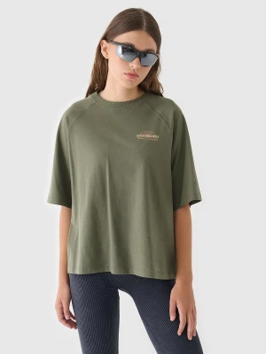 4F T-shirt oversize z nadrukiem damski - oliwkowy/khaki S