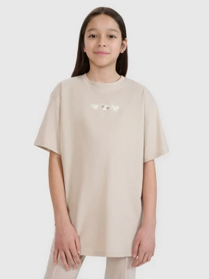 4F T-shirt oversize z nadrukiem dziewczęcy - beżowy 122 (6-7 lat)