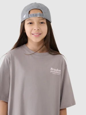 4F T-shirt oversize z nadrukiem dziewczęcy - beżowy 128 (7-8 lat)