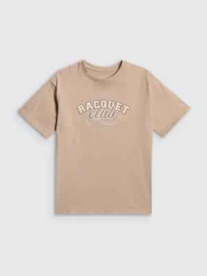4F T-shirt oversize z nadrukiem dziewczęcy - beżowy 122/128 (6-8 lat)