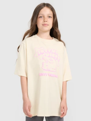4F T-shirt oversize z nadrukiem dziewczęcy - beżowy 128 (7-8 lat)