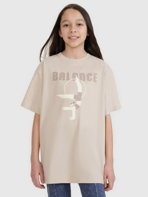 4F T-shirt oversize z nadrukiem dziewczęcy - beżowy 158 (12-13 lat)