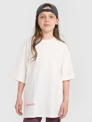 4F T-shirt oversize z nadrukiem dziewczęcy - biały 128 (7-8 lat)