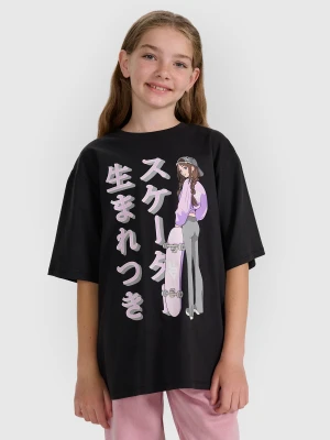 4F T-shirt oversize z nadrukiem dziewczęcy - czarny 152 (11-12 lat)