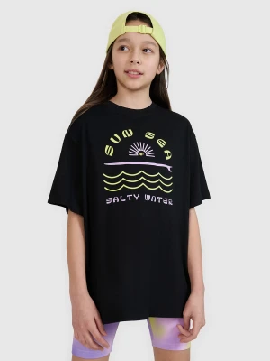 4F T-shirt oversize z nadrukiem dziewczęcy - czarny 140 (9-10 lat)