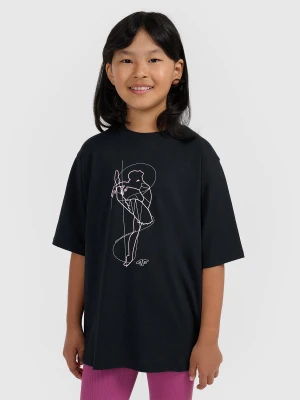4F T-shirt oversize z nadrukiem dziewczęcy - czarny 140 (9-10 lat)