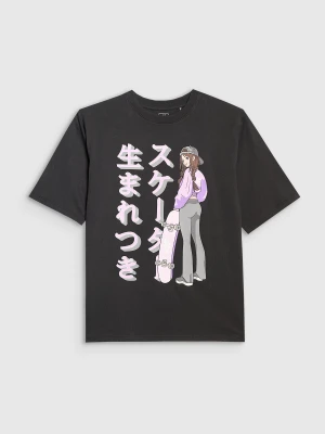 4F T-shirt oversize z nadrukiem dziewczęcy - czarny 164 (13-14 lat)