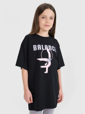4F T-shirt oversize z nadrukiem dziewczęcy - czarny 128 (7-8 lat)