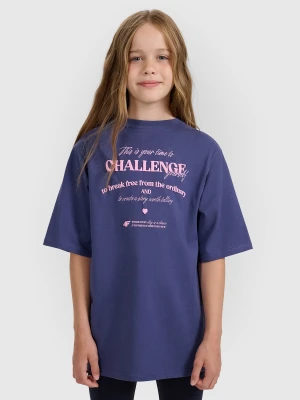 4F T-shirt oversize z nadrukiem dziewczęcy - granatowy 134 (8-9 lat)